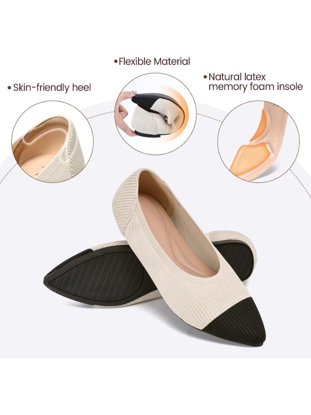 Women's Beige Black Pointed Toe Comfort Foldable Slip On Knit Ballet Flat Shoes - Picture 4 of 6